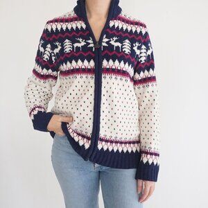 Vintage Tradition White Blue Red Winter Reindeer Snowflake Zip Up Sweater M